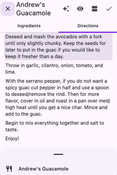 Cook mode step-by-step view